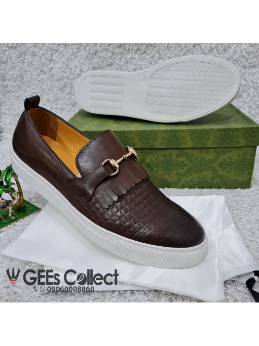 White Sole Brown Leather Gucci Shoe
